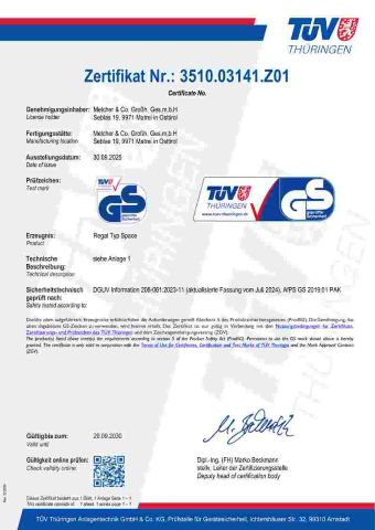 TÜV Zertifikat Regalsysteme